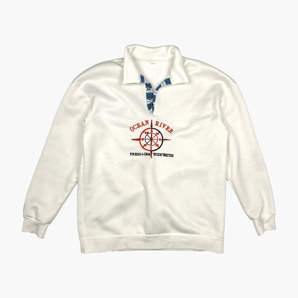 Ocean River Embroidered Compass Collared Pullover Sweatshirt (White | Size S)